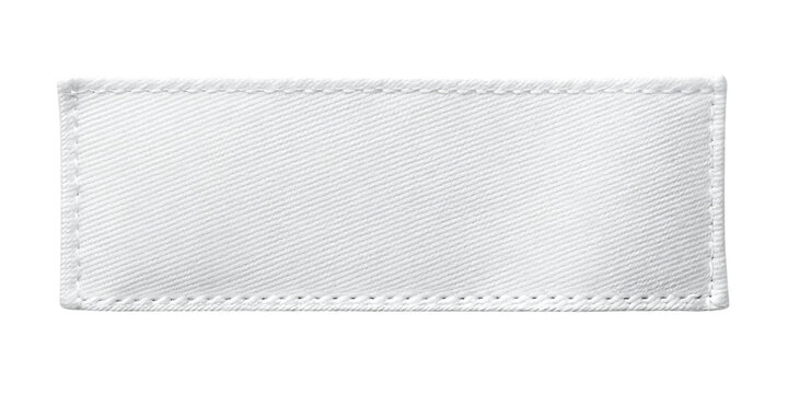 Single rectangular white fabric clothing label with stitched edges isolated on a white background, for textile branding, and garment information isolated on a transparent background
