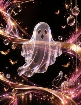 ローズゴールドの光をまとった幽霊とかぼちゃの縦型ハロウィン背景