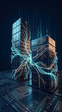 Stacked dram and nand memory dies rising from a silicon wafer with ai filaments, data currents, and upward light trails