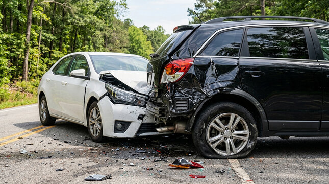 A white sedan and a black SUV are damaged after a rear-end collision on an outdoor road with green trees in the background.