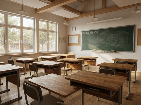 Wooden classroom with large windows and blackboard