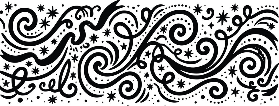 Decorative vector border illustration featuring hand drawn flowing black swirls and elegant star shapes set against a plain white background for creative graphic design asset projects