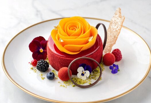 Gourmet red velvet cake topped with a sculpted fresh mango rose and garnished with assorted berries and edible flowers