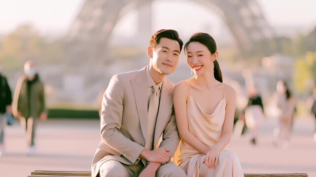 Paris, France, Europe. A romantic scene features a man and a woman seated on a bench in front of the Eiffel Tower. The man, wearing a light beige suit, kisses the woman on the cheek. The woman.
