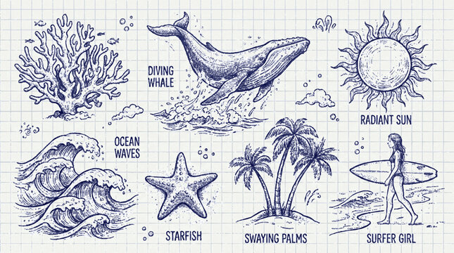 Summer beach vacation hand drawn sketch elements collection with graph paper with paper