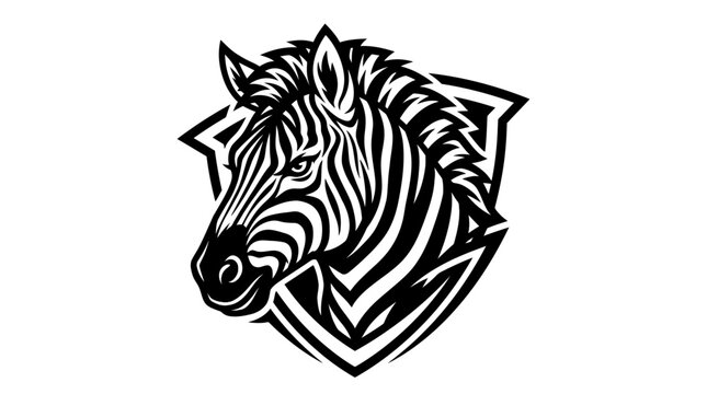 Fierce zebra head mascot in a dynamic shield emblem, bold black and white illustration design for team branding