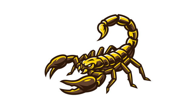 Fierce golden scorpion mascot illustration with menacing claws and curved stinger for sports teams and logos