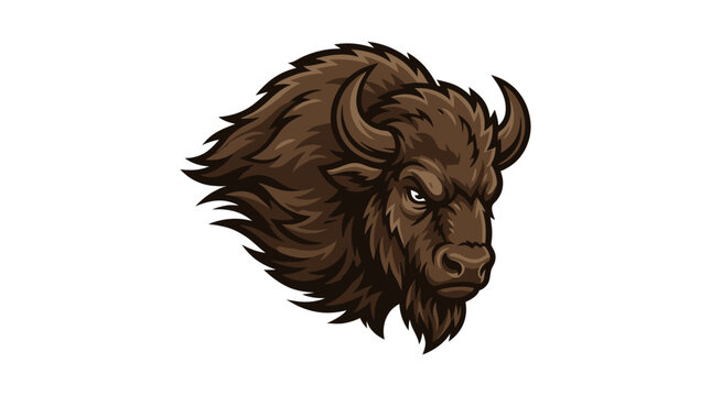 Fierce bison head vector illustration, angry buffalo mascot design with detailed brown fur and horns
