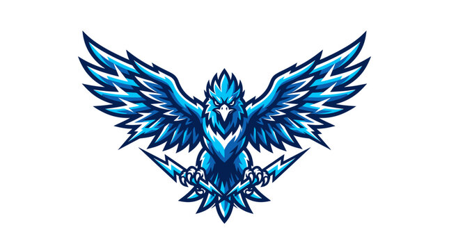 Fierce blue eagle mascot holding lightning bolts in a dynamic graphic vector design illustration