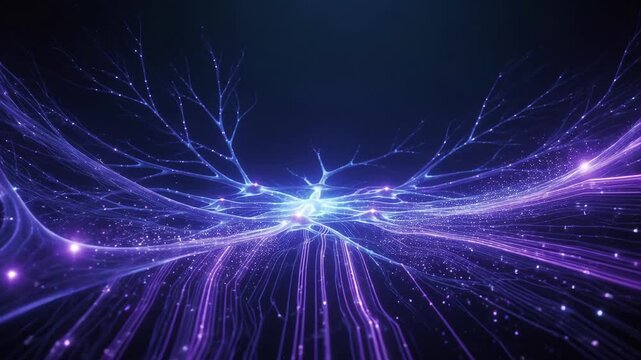 Blue and purple energy streams form a digital wave on a dark background, symbolizing innovation, connectivity, and technology