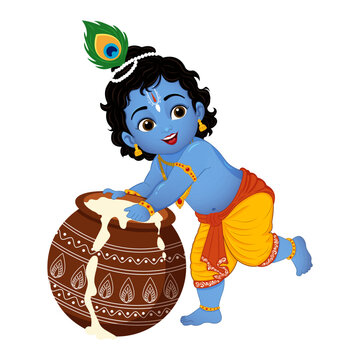 Lord Bal Krishna cute cartoon character design with dahi matka vector illustration Makhan chor.