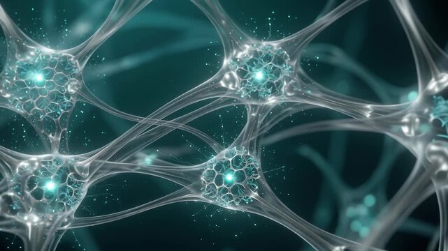 Glowing neural cells with translucent links in a teal cinematic style on a dark background, symbolizing intelligence