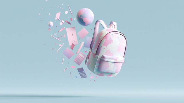 Colorful backpack surrounded by school supplies and geometric shapes, floating against a light blue background, ideal for educational or back-to-school themes