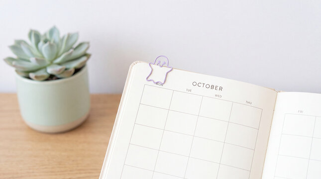 Pastel minimalist Halloween desk decor with succulent and open calendar creating calm seasonal workspace scene