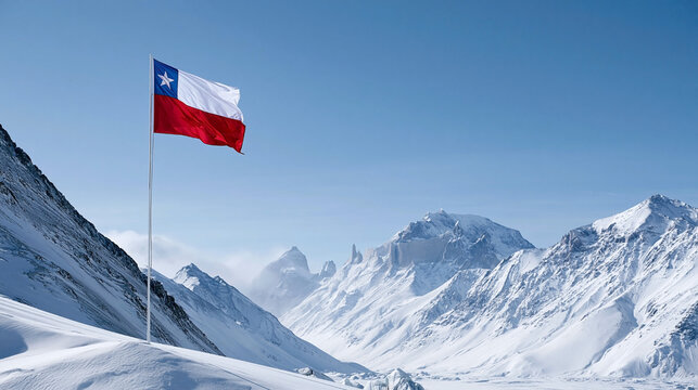 Chilean flag waving on a tall flagpole amidst snow-covered mountains under a clear blue sky in the Andes mountain range of South America