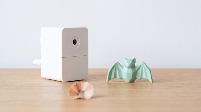 Halloween pastel minimalist desk decor with bat figurine and compact white desktop sharpener creating playful seasonal