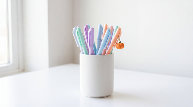 Pastel minimalist desk decor halloween pen holder with colorful stationery and tiny pumpkin charm