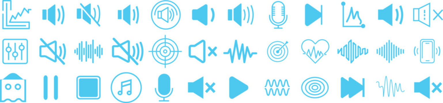 Audio sound speaker controls vector icon set, volume adjustment mute unmute play pause skip symbol collection, voice microphone recording badge, light blue line outline and filled UI buttons, media pl