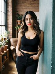 Fototapeta premium Stunning Latina Woman with Bold Red Lips in Black Tank Top