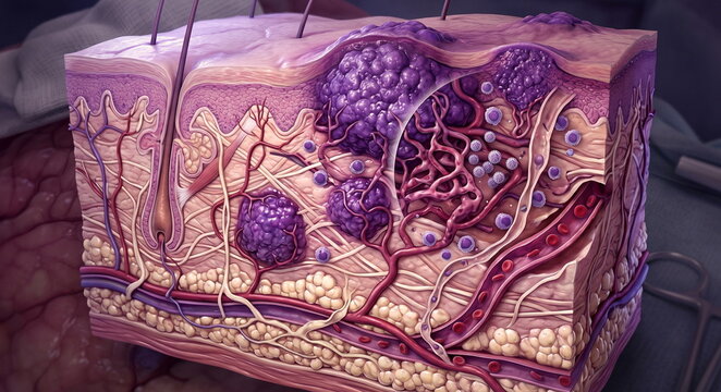 Kaposi sarcoma skin cutaway with purple lesions, blood vessels, HHV-8 particles, activated t-cells, and angiogenic capillaries.