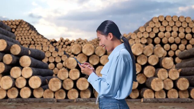 Side View Of Asian Female With Her Smartphone with Stacked Timber Logs Pile at Lumber Yard, Checking On Her Smartphone With Meditation