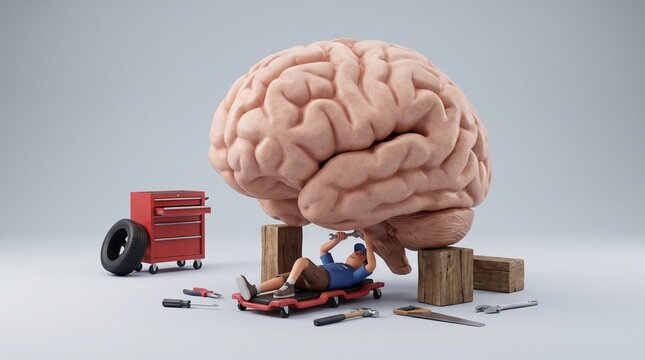 Cognitive behavioral therapy concept showing mechanic character repairing giant brain with tools