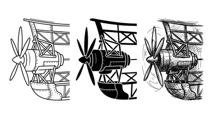 Airship propeller engine icons, depicting the detailed assembly with propeller and engine nacelle, presented in three distinct styles: outline, solid silhouette, and hand-drawn sketch. © BestFren