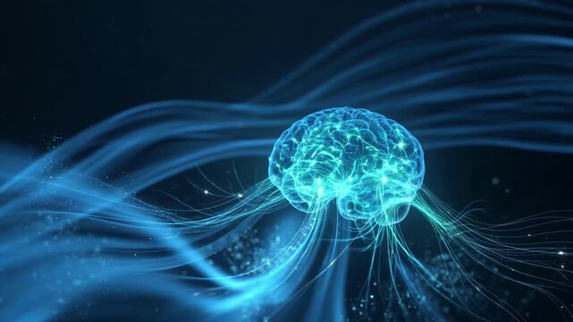 Glowing neural brain with flowing digital connections, luminous digital style, on a dark blue background, symbolizing cognition