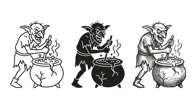 Goblin Shaman Brewing Toxic Potion in a Cauldron Illustrations