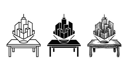Fototapeta premium Holographic city building blueprint projecting from a table, depicting future architectural planning in outline, solid, and detailed sketch styles.
