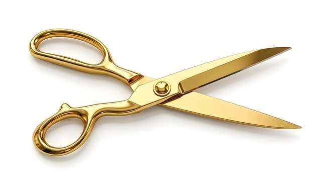 Shiny golden scissors with open blades on isolated white background.