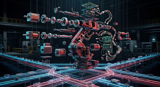 Exploded industrial robot assembly above a logistics network with servo motors, gears, bearings, circuit boards, and conveyor paths.