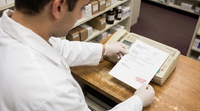 Substitution approved form retrieved from fax machine in pharmacy back office
