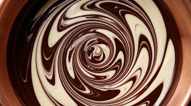 A luxurious overhead shot of dark and white chocolate melting and swirling together in a dark bowl, creating elegant marble-like patterns.