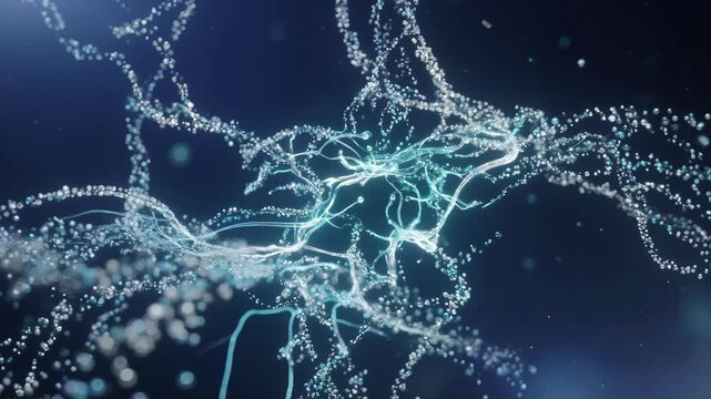 Flowing luminous particles form neural pathways in abstract photographic style on a blue background, symbolizing connectivity
