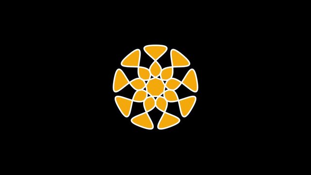 Geometric mandala animation motion graphics with orange and white abstract pattern on black background.