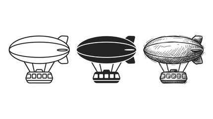 Three iconic illustrations of a classic airship with a gondola, showcasing outline, solid black, and hand-sketched styles on a white background. © BestFren