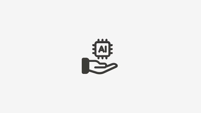 Artificial intelligence microchip icon floating over open palm hand against grey background motion graphics.