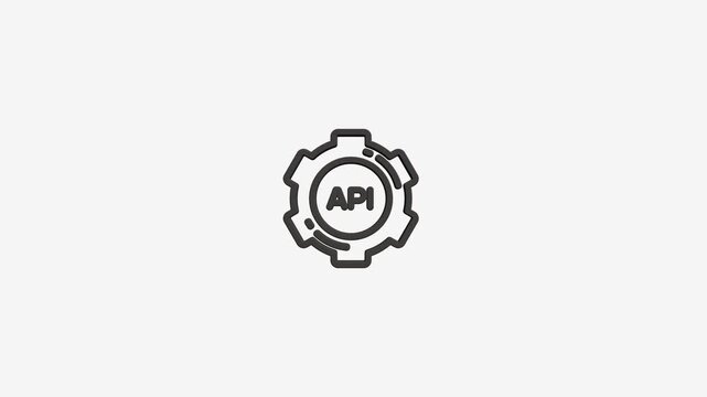 Gear icon with api text rotating on white background representing software integration and technical process.