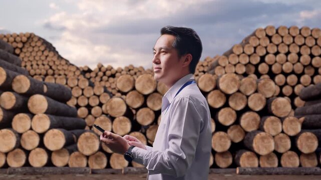 Side View Of An Asian Male Professional Worker Standing with Stacked Timber Logs Pile at Lumber Yard, Observes By Looking Up Then He Come To Concentrating On The Phone And Keep On Checking