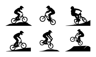 Fototapeta premium BMX Bike Rider Silhouettes, Extreme Sports Action Poses, Dynamic Cycling Vector Set, Freestyle Bicycle Stunts