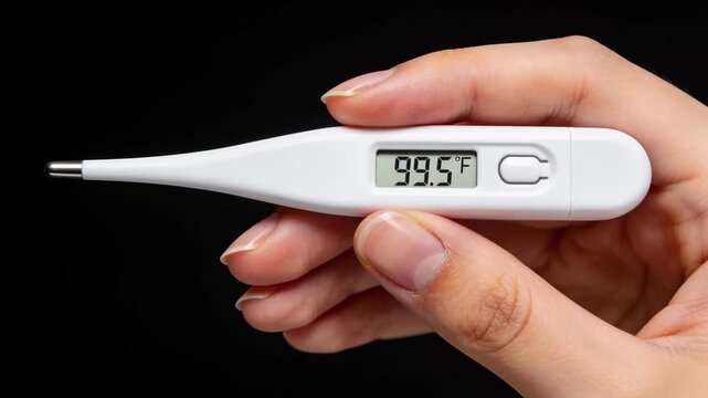 Extreme close-up of a digital thermometer showing a temperature of 99.5 F in a woman's hand. Low grade fever and seasonal viruses