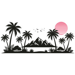 Fototapeta premium Black silhouette of palm trees and mountain landscape with a pink striped sun isolated on transparent background