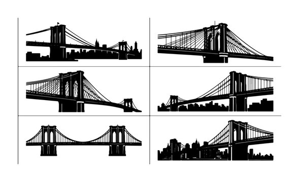 Brooklyn Bridge Vector Icons, NYC Skyline Silhouettes, Architectural Landmark Illustrations, Urban Infrastructure Design Elements
