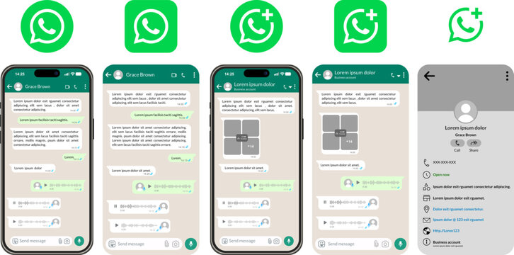 WhatsApp Messenger mobile chat and business application, green communication interface design, instant messaging vector elements