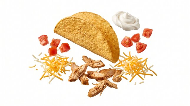 Suspended mexican taco components displayed against isolated white background with floating hard taco shells shells shredded chicken chicken cheese tomatoes