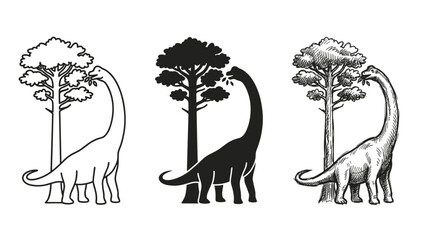 Three Brachiosaurus dinosaurs eating leaves from trees in outline, solid, and sketch styles © BestFren