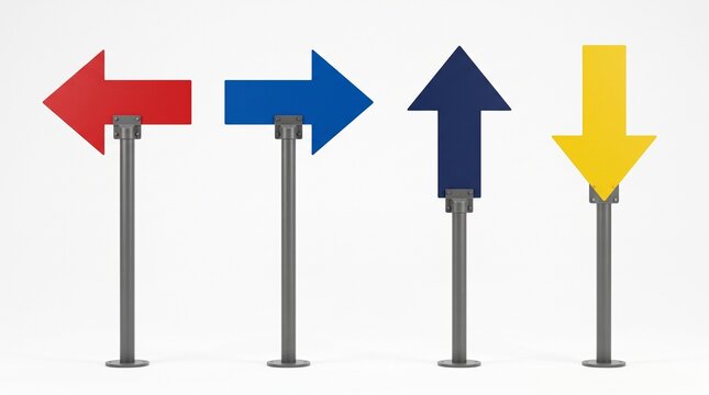 Colorful directional arrow signs pointing left right with pointing different directions four metallic directional directions