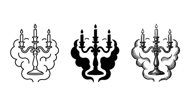 Three floating candelabras with lit candles and smoke in outline, silhouette, and hand-drawn sketch styles