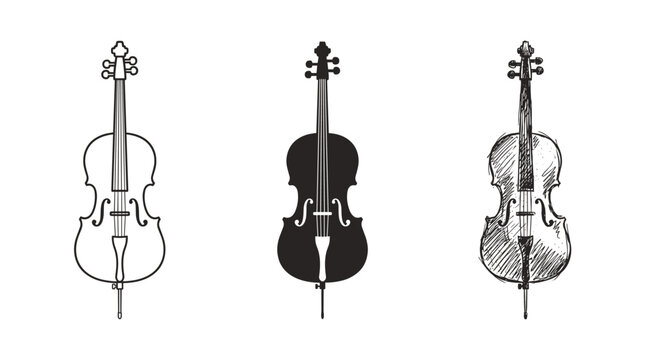 Three cellos displayed in outline, solid black, and detailed hand-drawn sketch styles, viewed from the front.